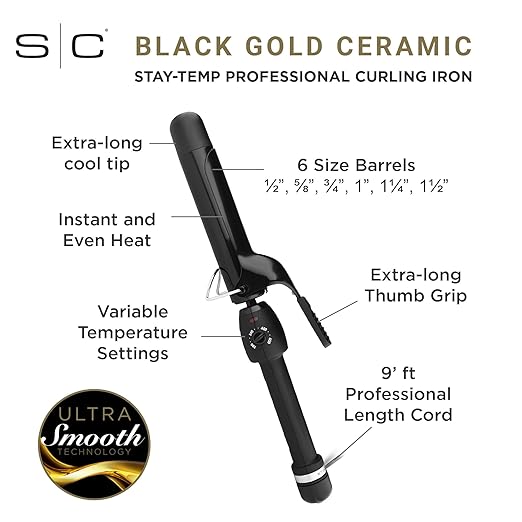 SCSC125B StyleCraft Black Gold Ceramic Professional Curling Iron (1 1/4 inch)