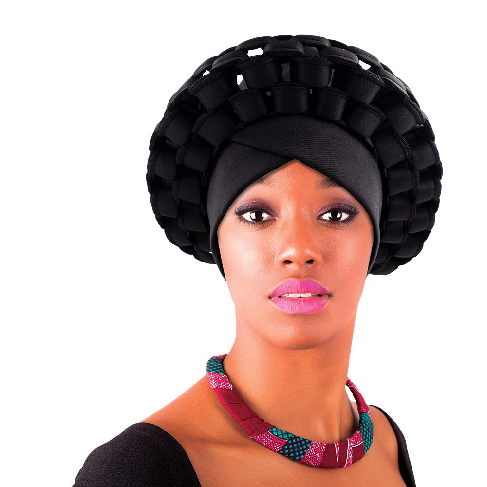 Beauty Town Aso Oke Auto Gele Headtie Black Stretch Head Turban