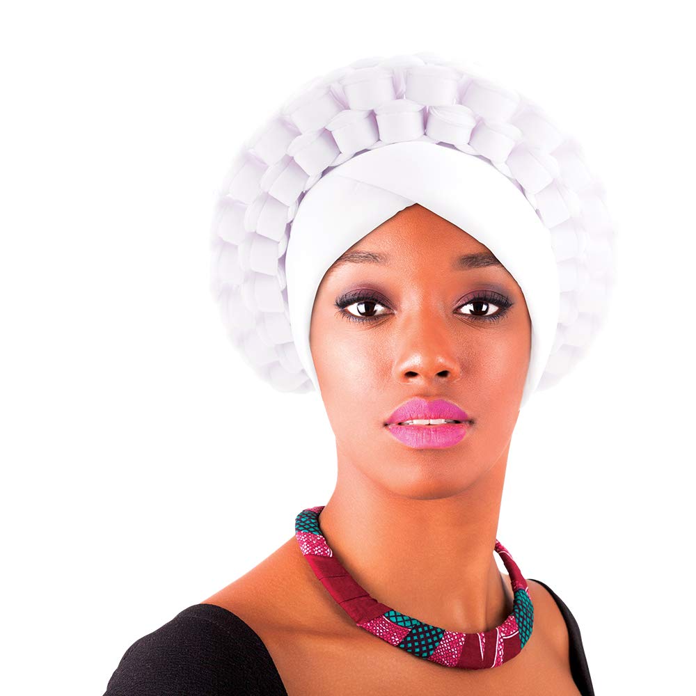 Beauty Town Aso Oke Auto Gele Headtie White Stretch Head Turban