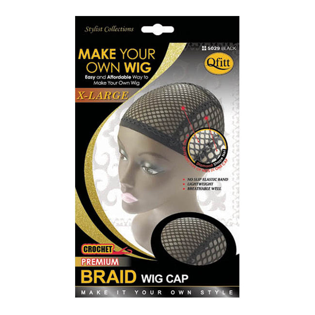 M&M #5029 Qfitt Crochet Premium Braid Black Wig Cap